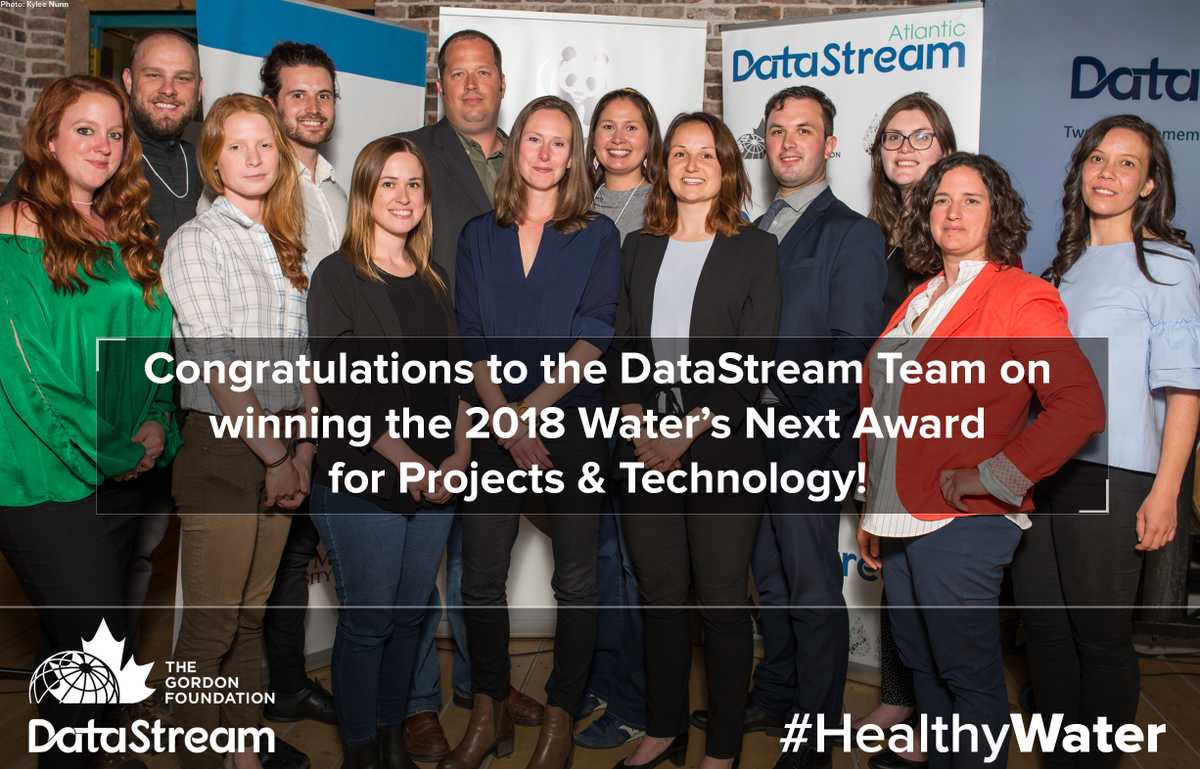 Members of WWF, the Atlantic Water Network, the PEI Watershed alliance, and the Gordon Foundation at the Water's Next Award with Congratulations to the DataStream Team on winning the 2018 Water's Next Award for Projects & technology written over top