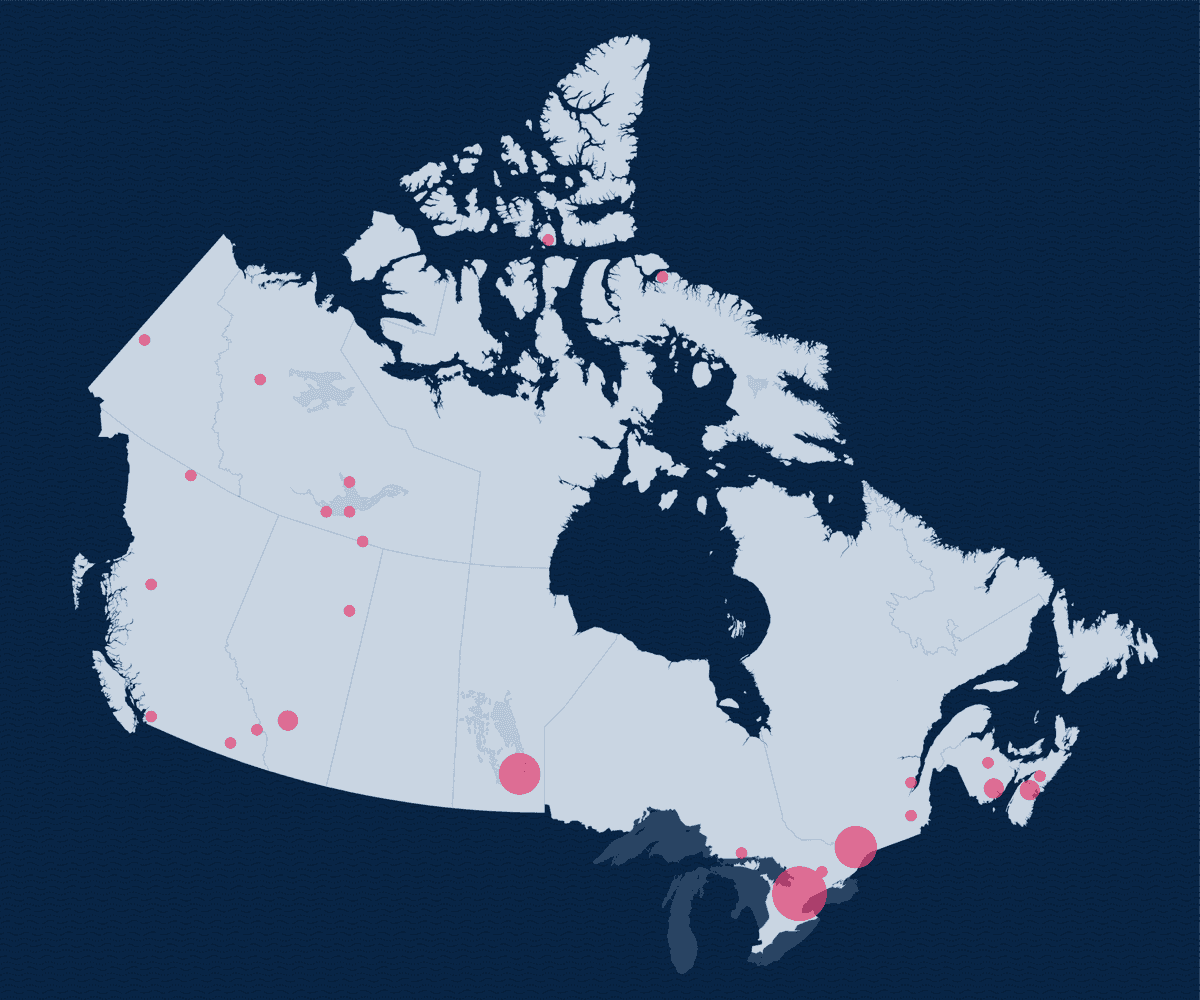 Map of Canada with Red Dots indicating various location of participants at the CBWM National Discussion Event convened by The Gordon Foundation, Living Lakes Canada and WWF-Canada.