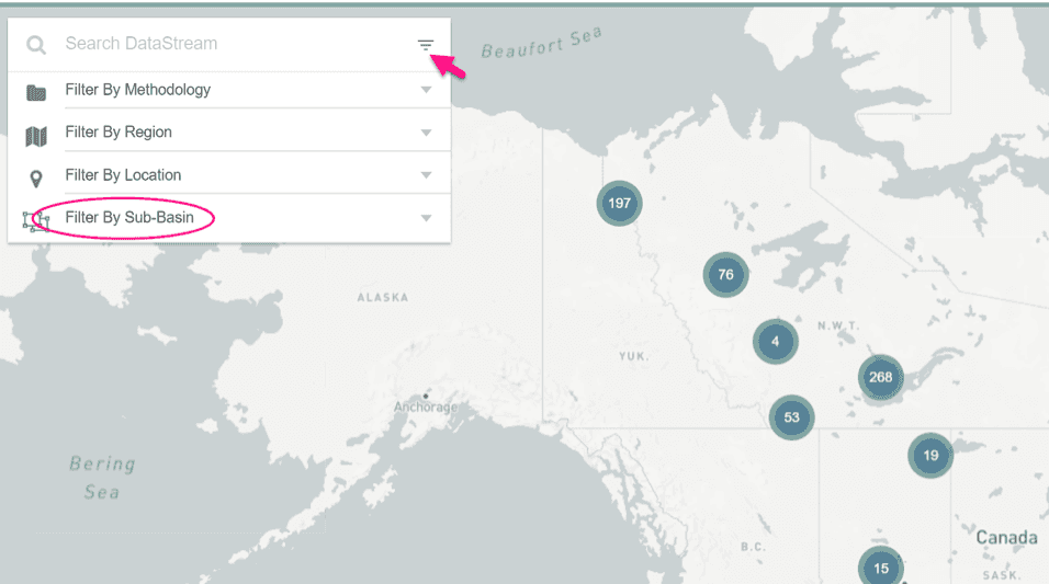 Capture d'écran de la fonction de recherche sur la carte de DataStream mettant en évidence le filtre par sous-bassin