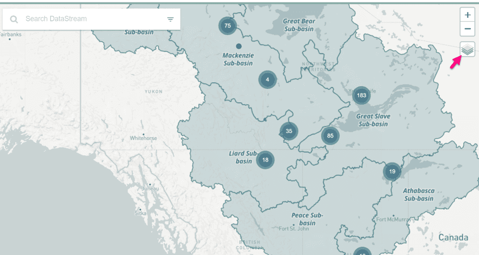 screenshot of sub-basin watershed layers activated on the datastream map